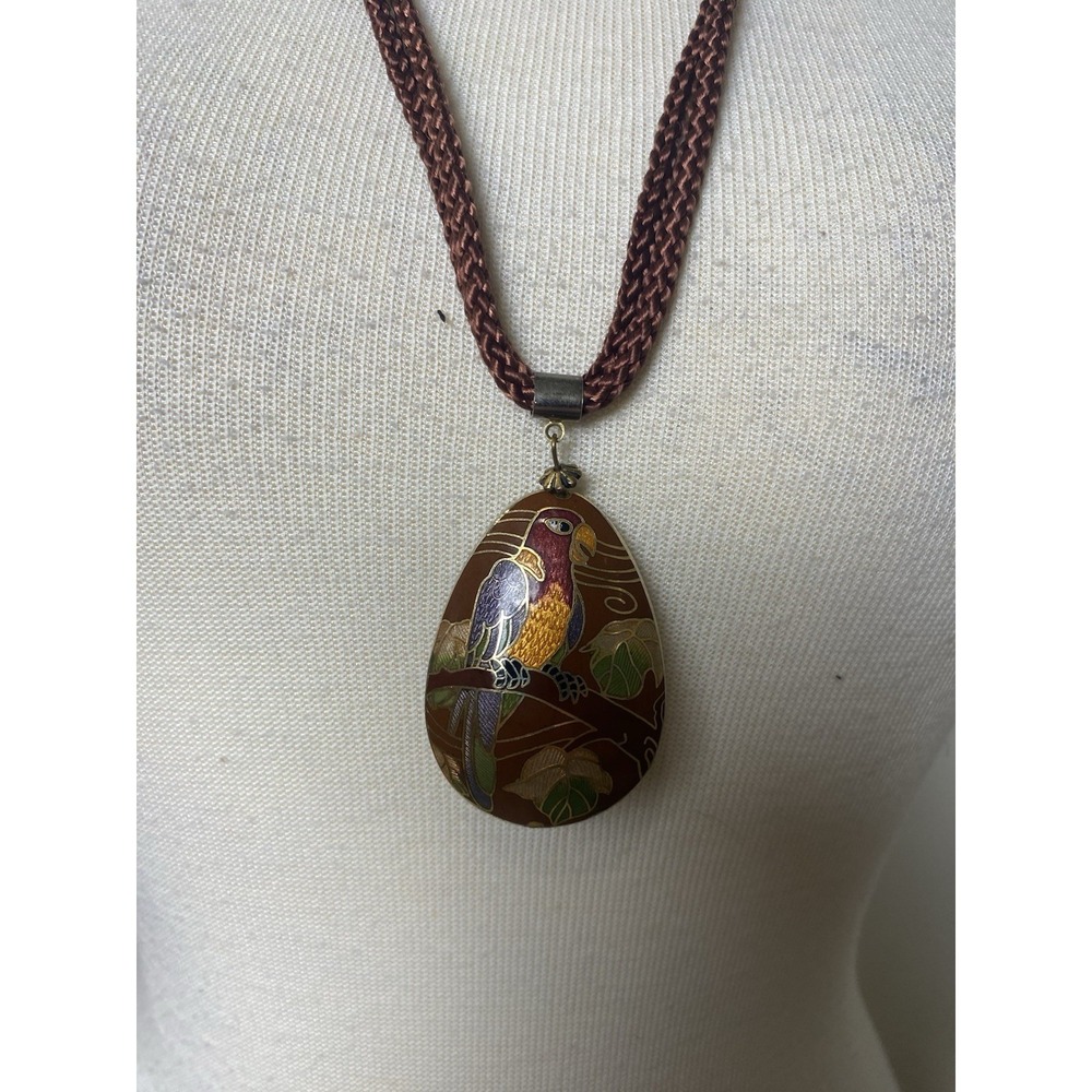 Vintage Cloisonne Parrot Pendant Necklace Colorful Enamel Work Brown Cord